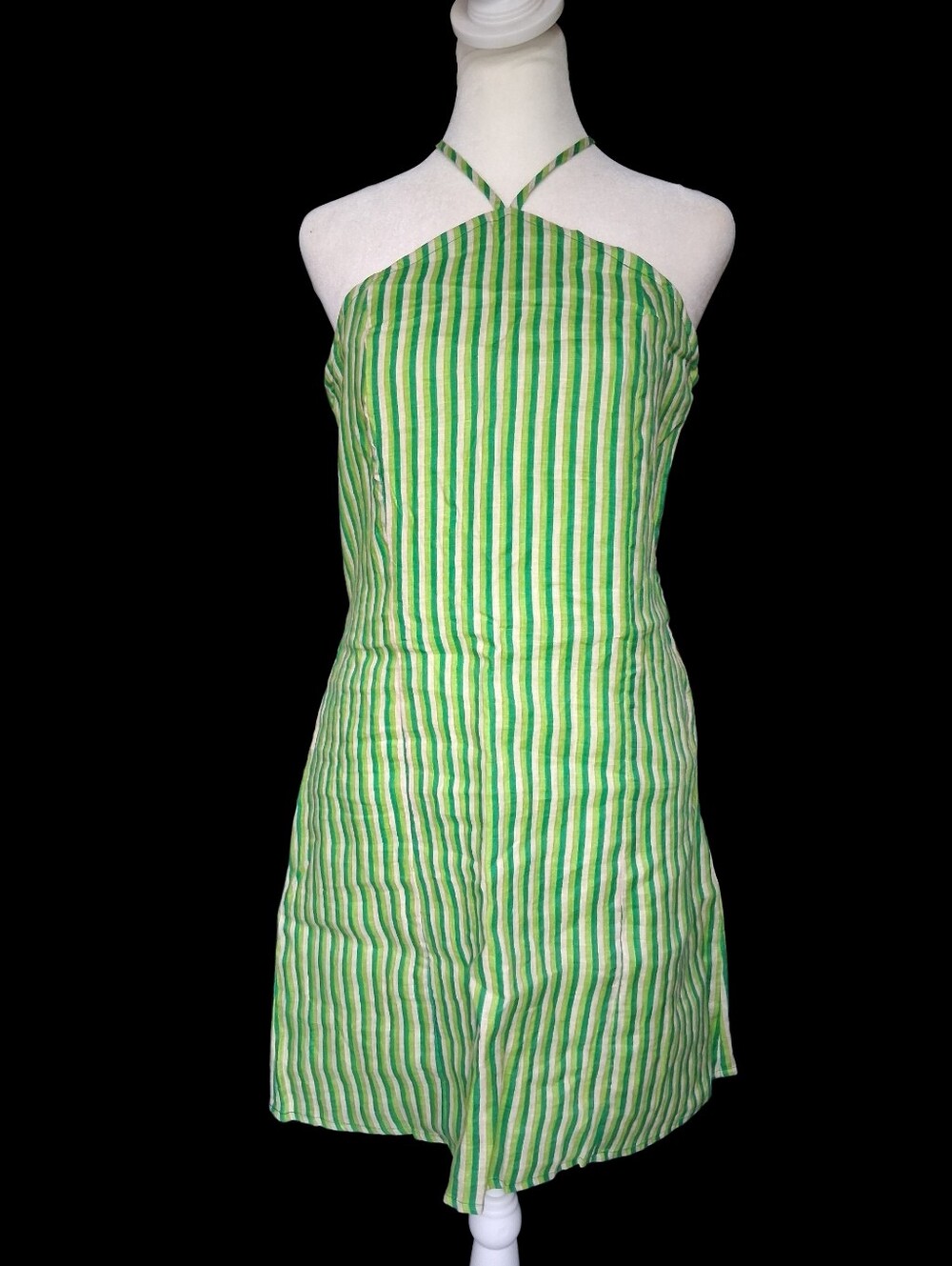 Faithfull The Brand Muthia Mini Dress Bau-Bau Stripe Green Linen L Halter